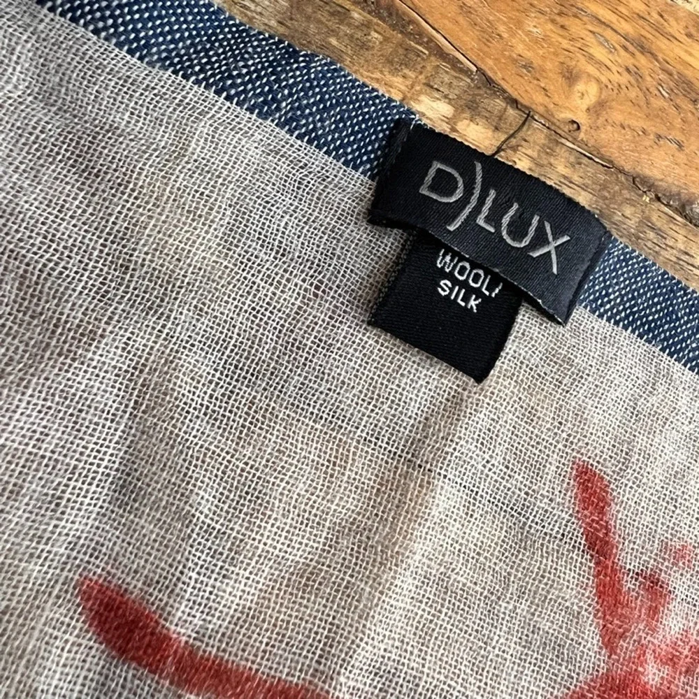 D)Lux Scarf Wool Silk Red Dyed Pattern with Frayed Ends 75